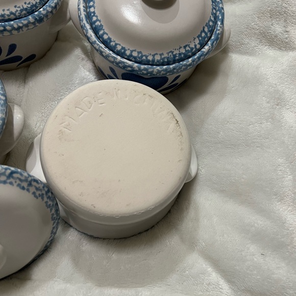 Corelle Jay Import Blue Hearts Spongeware crocks 4 bowls with lid - Picture 5 of 12